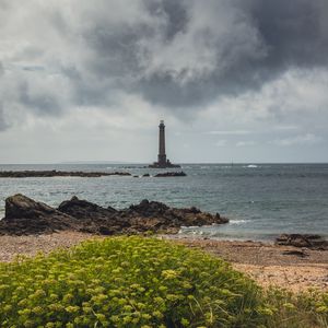 Превью обои маяк, море, берег, куст, камни