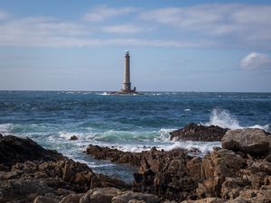 Превью обои маяк, море, берег, волны, скалы