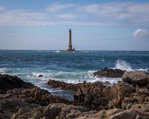 Превью обои маяк, море, берег, волны, скалы