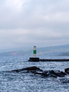 Превью обои маяк, море, побережье, камни, волны