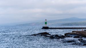 Превью обои маяк, море, побережье, камни, волны