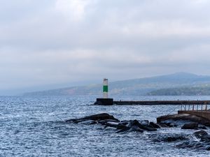 Превью обои маяк, море, побережье, камни, волны