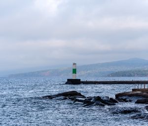 Превью обои маяк, море, побережье, камни, волны