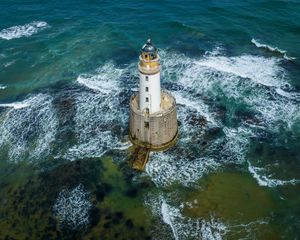 Превью обои маяк, море, волны, вода, вид сверху