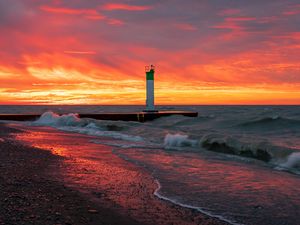 Превью обои маяк, море, закат, волны, пляж