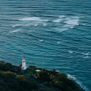 Превью обои маяк, остров, море, волны, природа