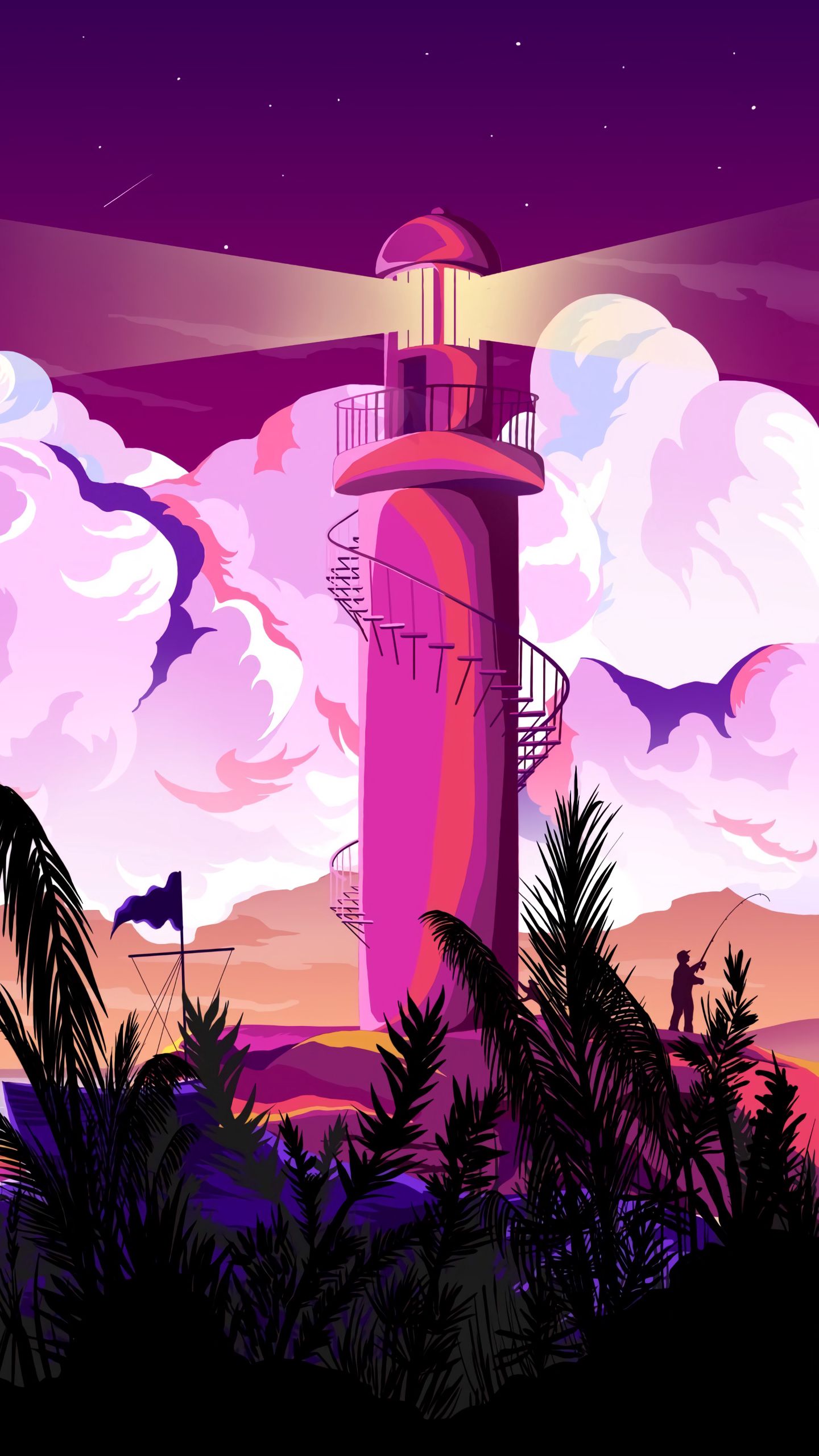 1440x2560 Обои маяк, свет, облака, арт, фиолетовый
