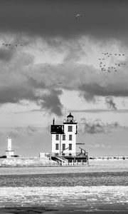 Превью обои маяк, здание, берег, море, птицы, небо, черно-белый