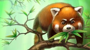 Превью обои малая панда, ветки, листья, животное, арт
