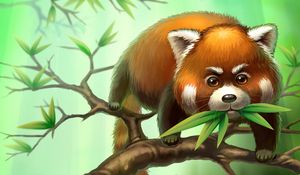Превью обои малая панда, ветки, листья, животное, арт