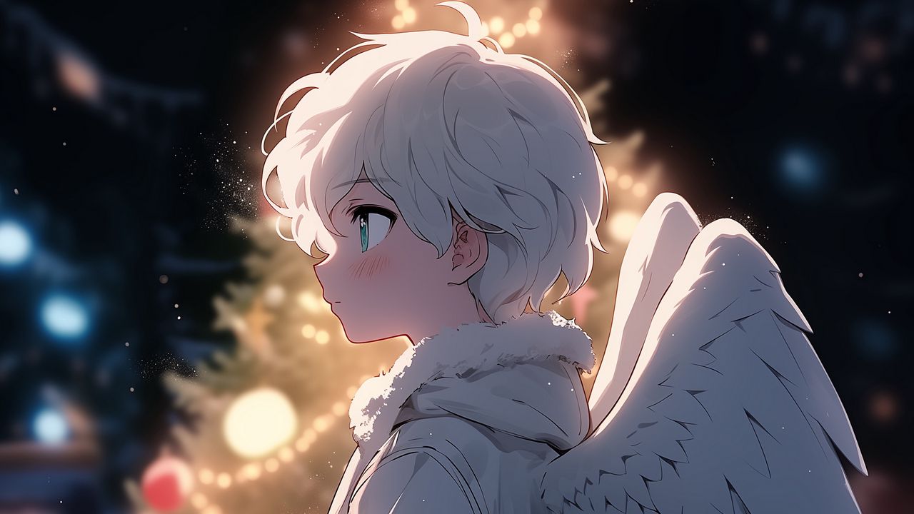 Обои мальчик, ангел, нимб, крылья, елка, рождество, новый год, аниме