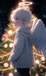 Превью обои мальчик, ангел, нимб, крылья, елка, рождество, новый год, аниме