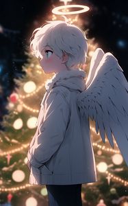 Превью обои мальчик, ангел, нимб, крылья, елка, рождество, новый год, аниме