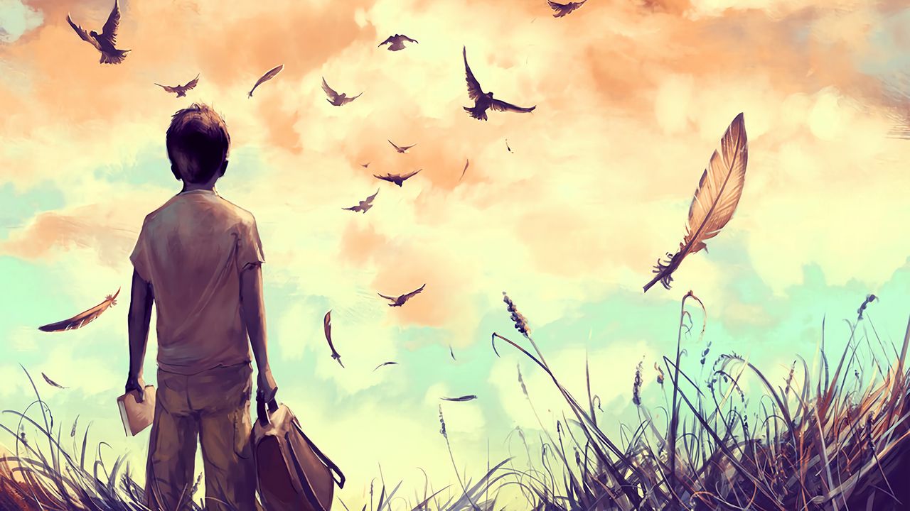 Обои мальчик, птицы, арт, книга, рюкзак, перья, свобода