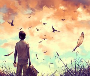 Превью обои мальчик, птицы, арт, книга, рюкзак, перья, свобода
