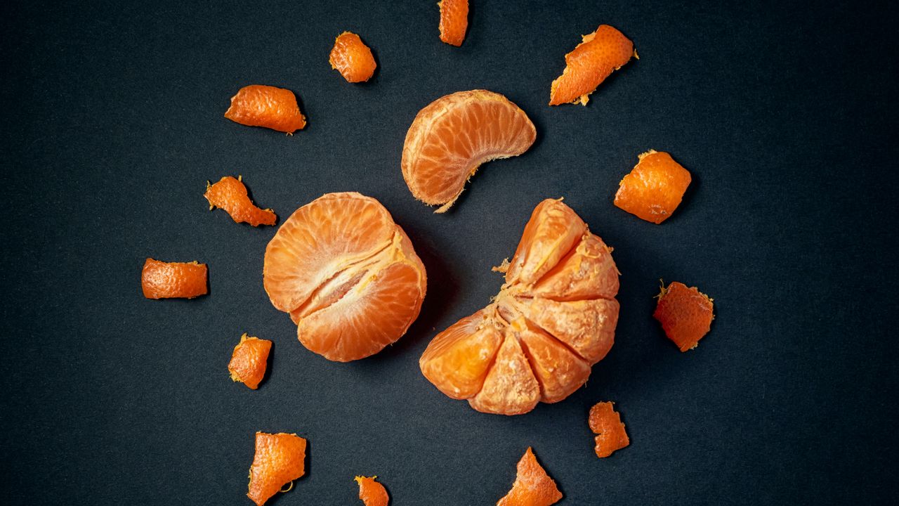 Обои мандарин, фрукт, цитрус, дольки, оранжевый