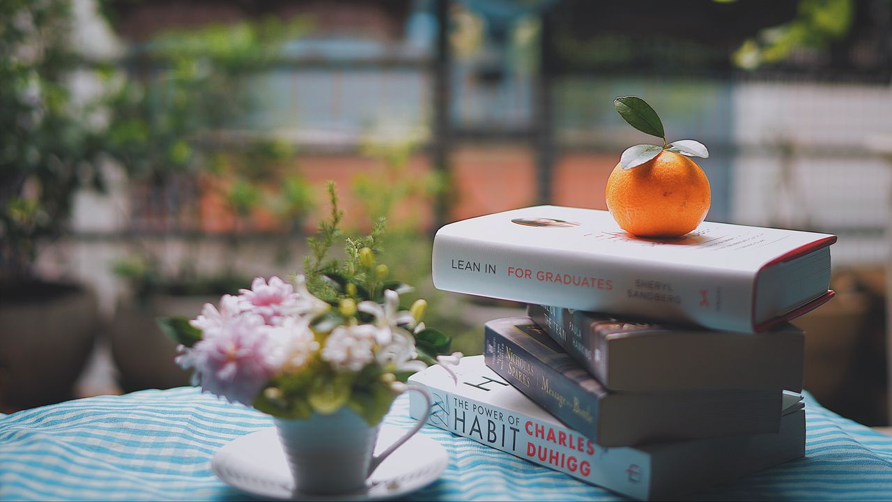 Обои мандарин, книги, стол, чтение, светлый