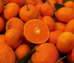 Превью обои мандарины, фрукты, листья, яркий, оранжевый