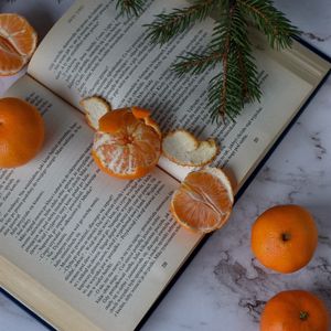 Превью обои мандарины, книга, фрукты, цитрус, оранжевый