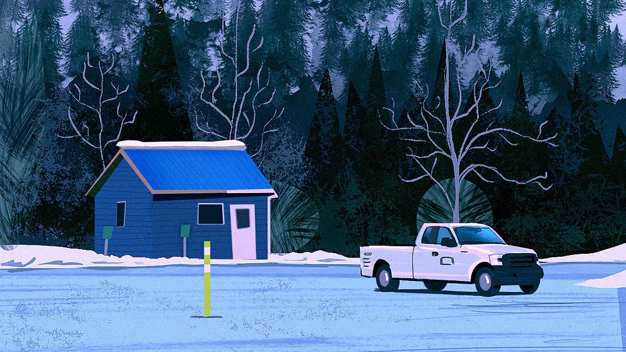 Обои машина, дом, лес, холм, снег, арт
