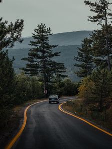 Превью обои машина, дорога, деревья, лес
