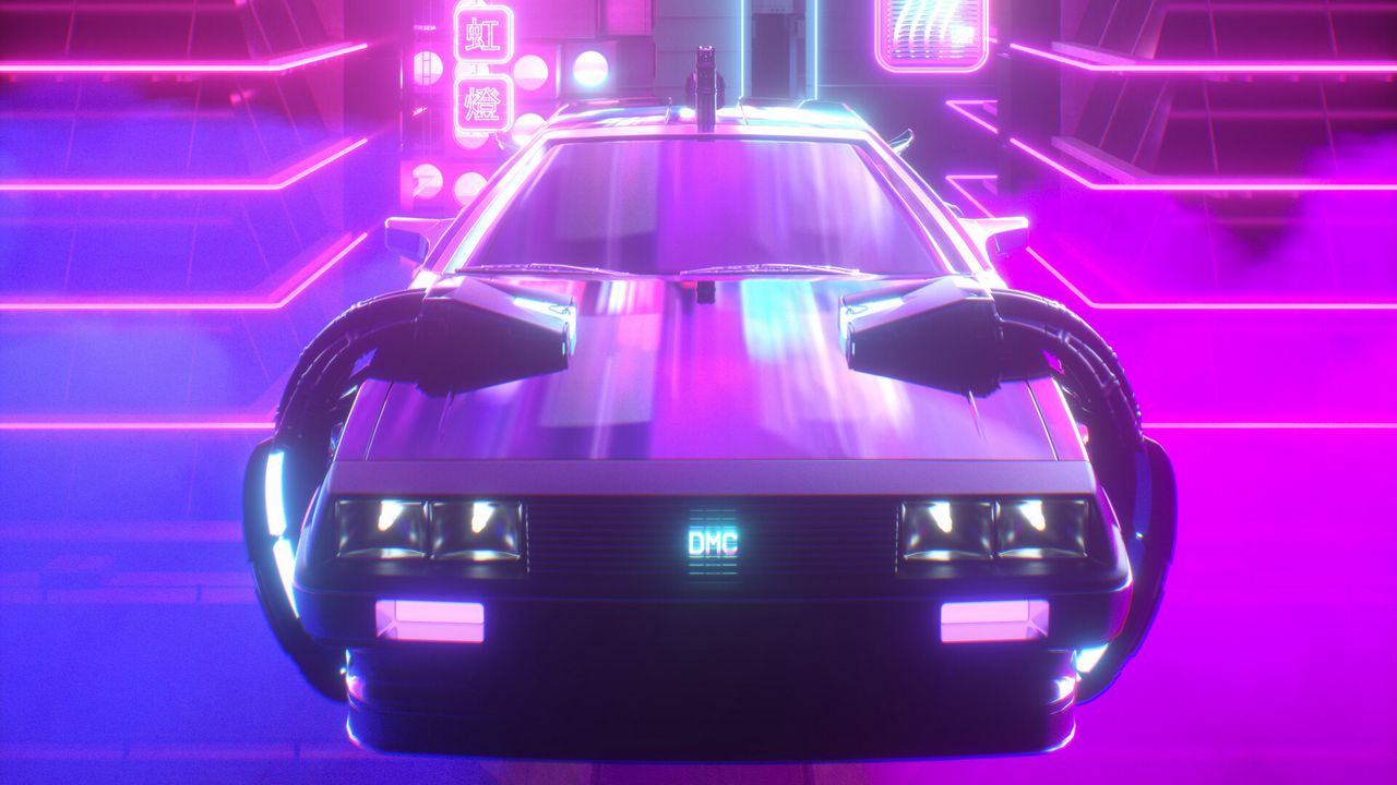 Скачать 1280x720 машина, неон, свет, retrowave, арт обои, картинки hd, hdv,  720p