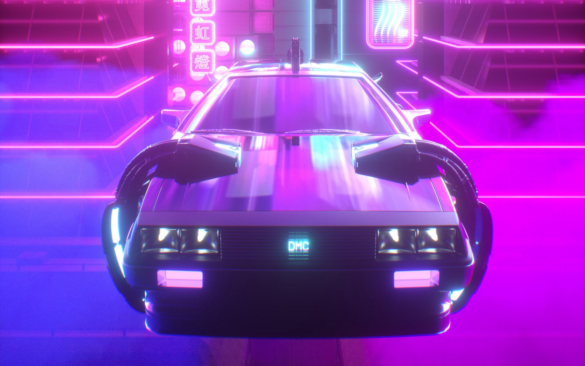 Скачать 1920x1200 машина, неон, свет, retrowave, арт обои, картинки 16:10