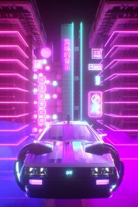 Превью обои машина, неон, свет, retrowave, арт