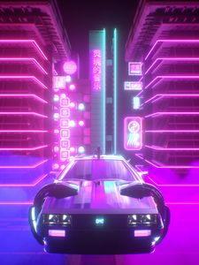 Превью обои машина, неон, свет, retrowave, арт