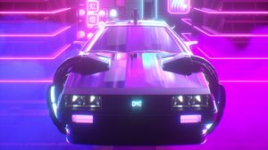 Превью обои машина, неон, свет, retrowave, арт