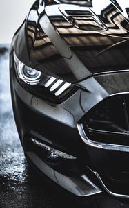 Превью обои машина, спорткар, черный, мокрый, вид спереди, крупным планом