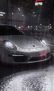 Превью обои машина, спорткар, серый, дождь, улица