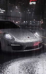 Превью обои машина, спорткар, серый, дождь, улица
