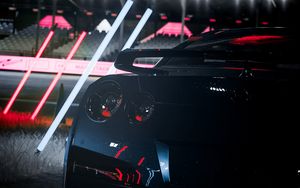 Превью обои машина, спорткар, вид сзади, темный, ночь, огни