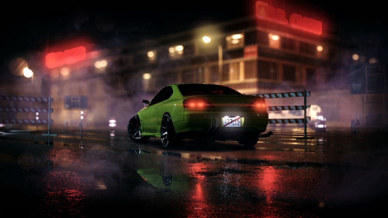 Обои машина, спорткар, зеленый, ночь, свет, дым