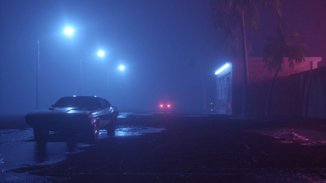 Обои машина, улица, неон, туман, фонари, ночь