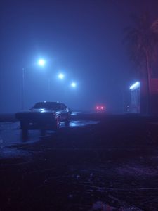 Превью обои машина, улица, неон, туман, фонари, ночь