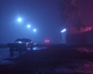 Превью обои машина, улица, неон, туман, фонари, ночь