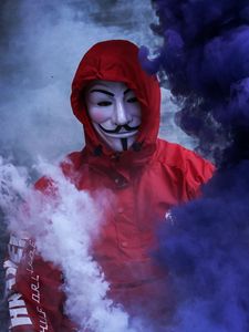 Превью обои маска, аноним, дым, дымовая шашка