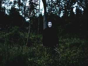 Превью обои маска, человек, лес, аноним