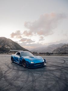 Превью обои mazda rx-7, mazda, автомобиль, синий, дрифт, асфальт, горы