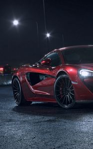 Превью обои mclaren 570s, mclaren, машина, спорткар, красный, вид сбоку, ночь