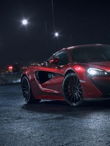 Превью обои mclaren 570s, mclaren, машина, спорткар, красный, вид сбоку, ночь