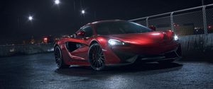 Превью обои mclaren 570s, mclaren, машина, спорткар, красный, вид сбоку, ночь