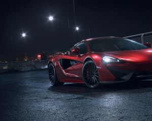 Превью обои mclaren 570s, mclaren, машина, спорткар, красный, вид сбоку, ночь