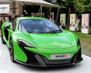 Превью обои mclaren, 650s, зеленый, вид спереди, выставка