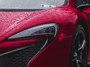 Превью обои mclaren p1, mclaren, красный, вид спереди, фары, капли