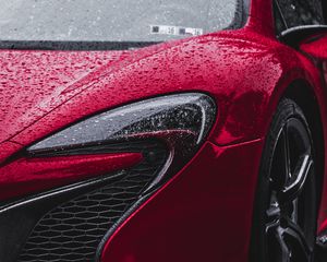 Превью обои mclaren p1, mclaren, красный, вид спереди, фары, капли