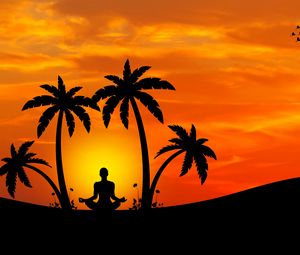 Превью обои медитация, йога, силуэт, пальмы, гармония
