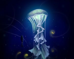 Превью обои медуза, дайвер, арт, море, глубина